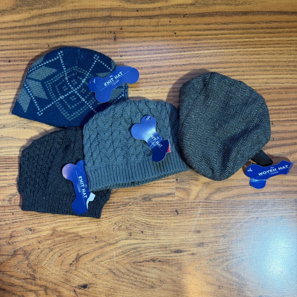 4 Pack Pet Knit Hats and Woven Flat Cap Set Grey Blue Black Dog Cat Accessories